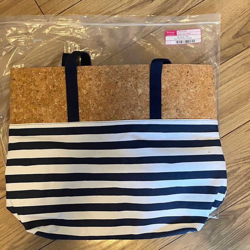 Thirty-One Navy and White Striped Tote with Cork Accent